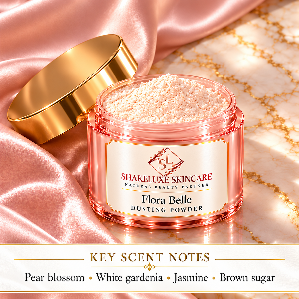 Flora Belle Dusting Powder — detail; Pear blossom, white gardenia, jasmine, brown sugar