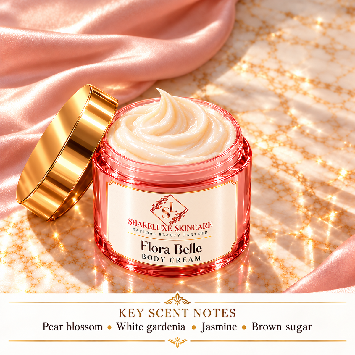 Flora Belle Body Cream — detail; Pear blossom, white gardenia, jasmine, brown sugar