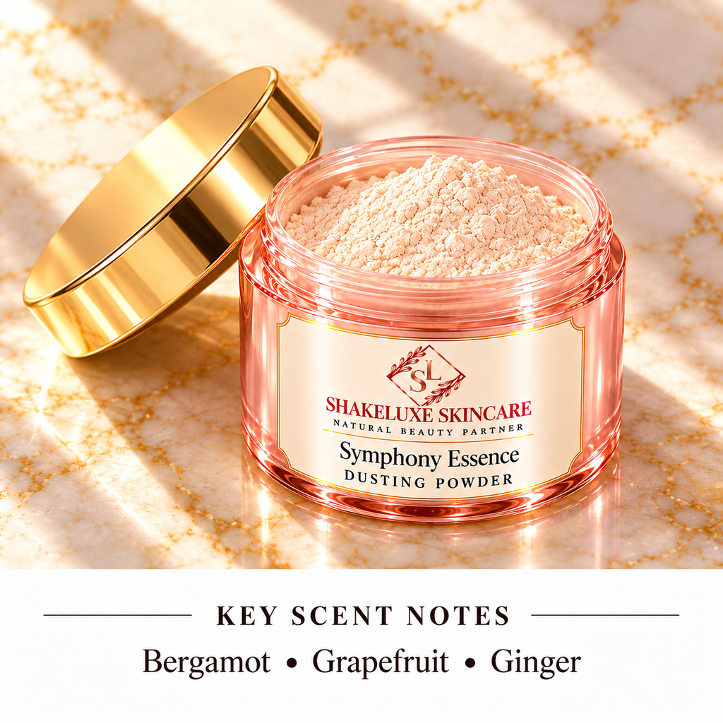 ShakeLuxe Symphony Essence Dusting Powder — detail view — Bergamot • Grapefruit • Ginger