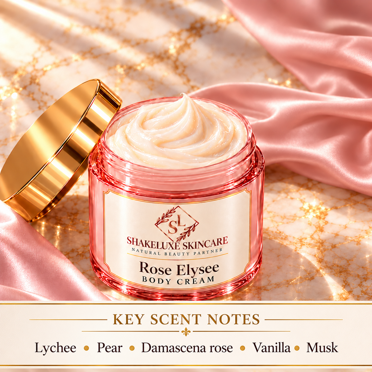 Rose Elysee Body Cream — detail; Lychee, pear, Damascena rose, vanilla, musk