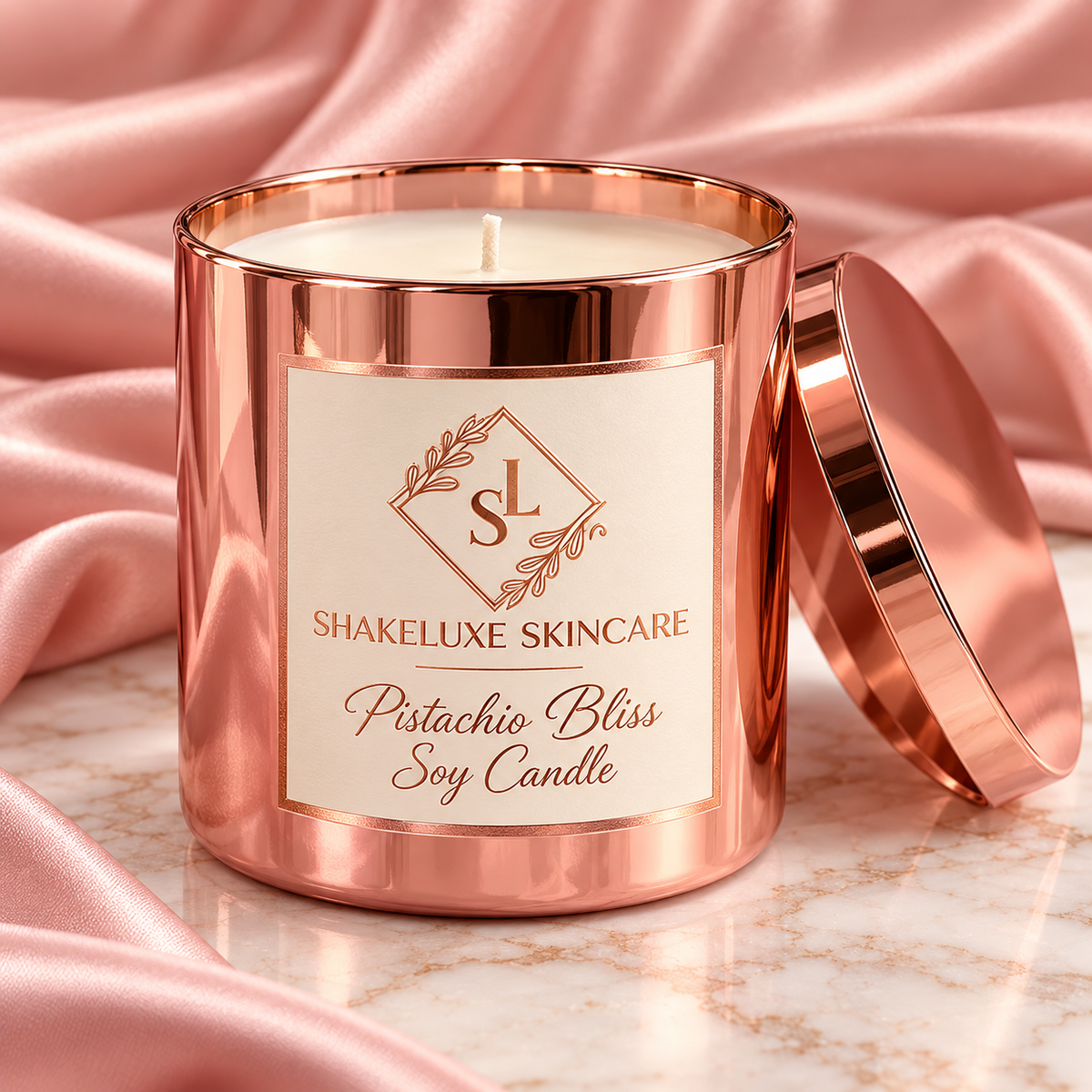 Pistachio Bliss Soy Candle — rose gold candle presentation