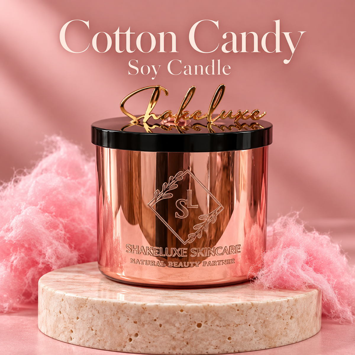ShakeLuxe Cotton Candy Soy Candle — rose-gold vessel