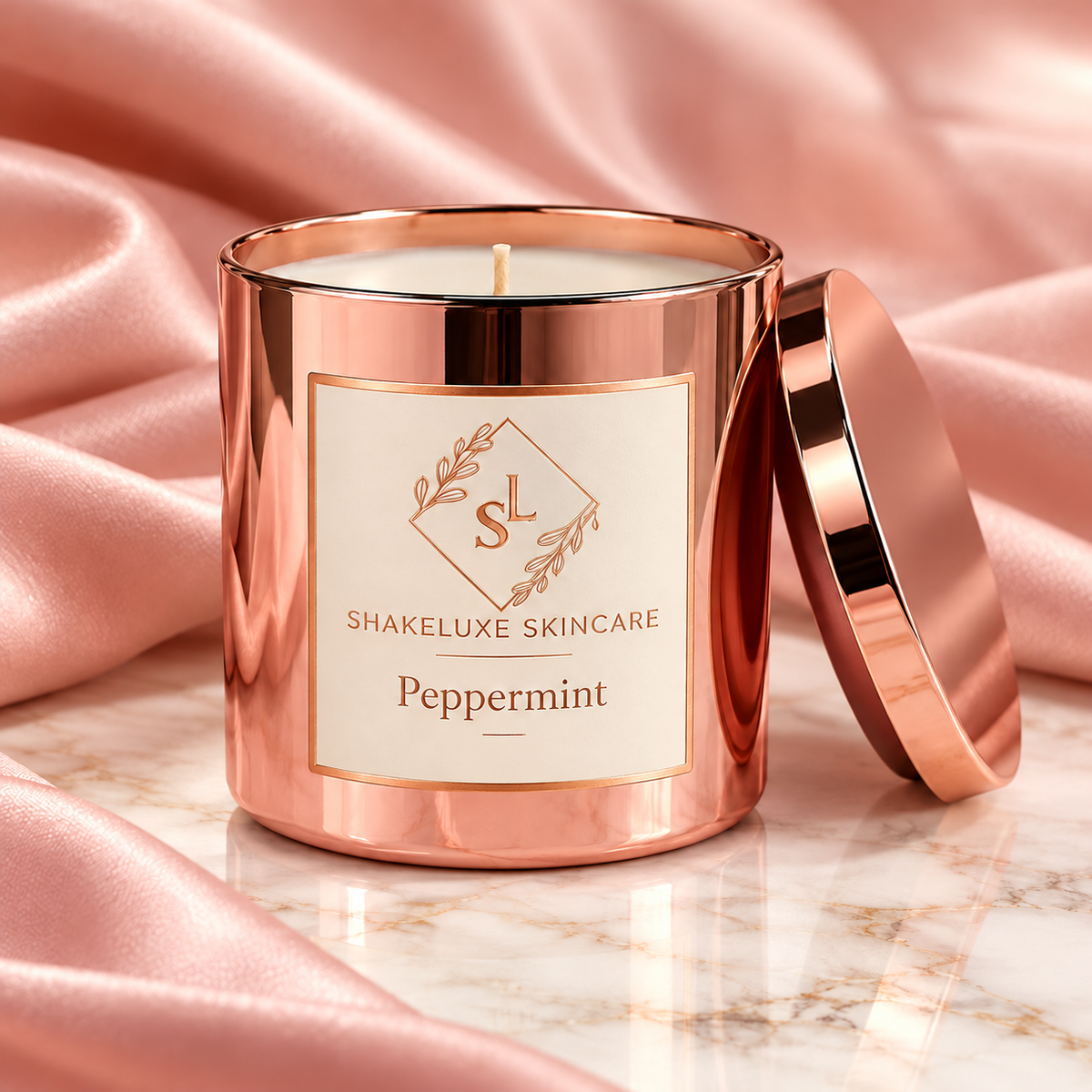 Peppermint — rose gold candle presentation