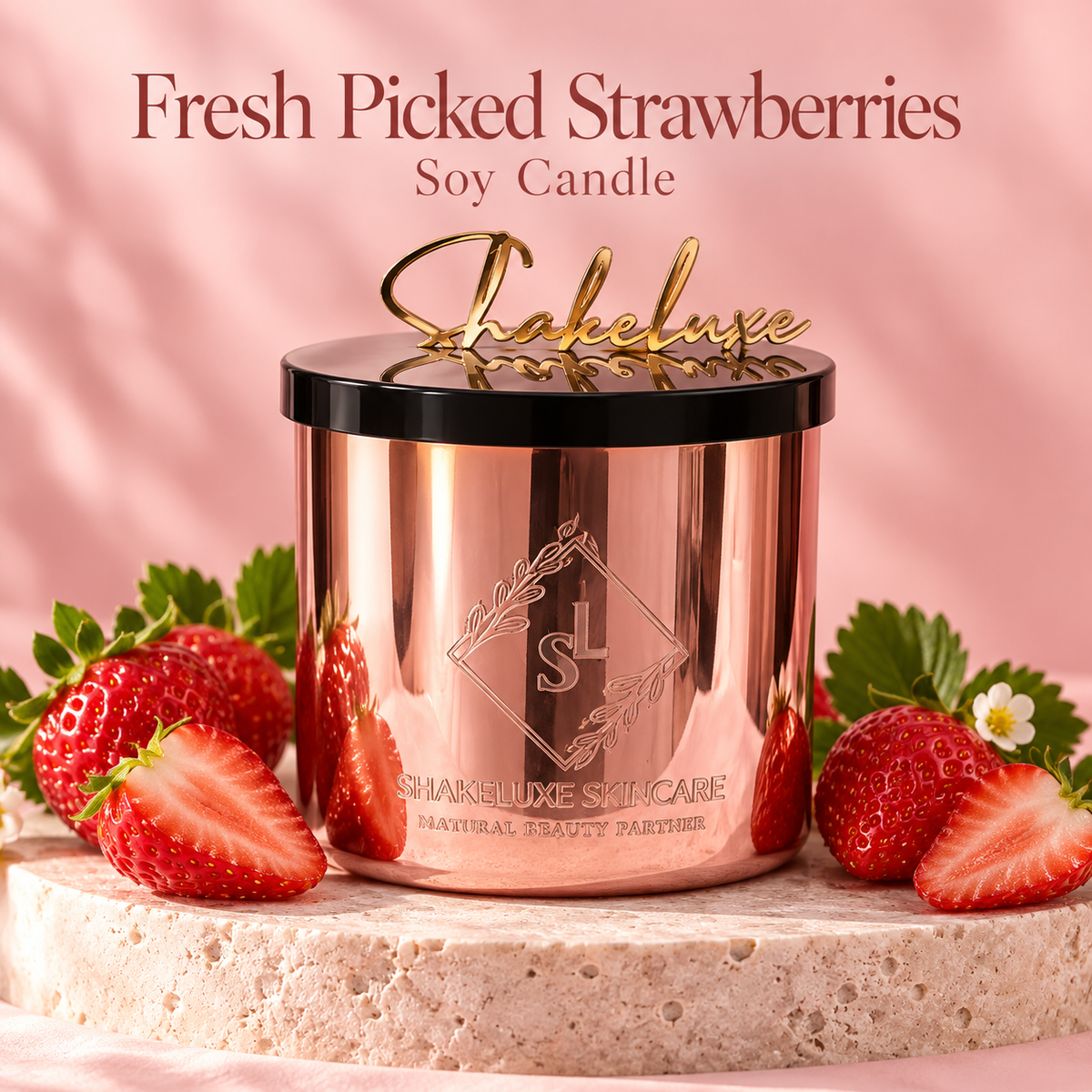 ShakeLuxe Fresh Picked Strawberries Soy Candle — rose-gold vessel