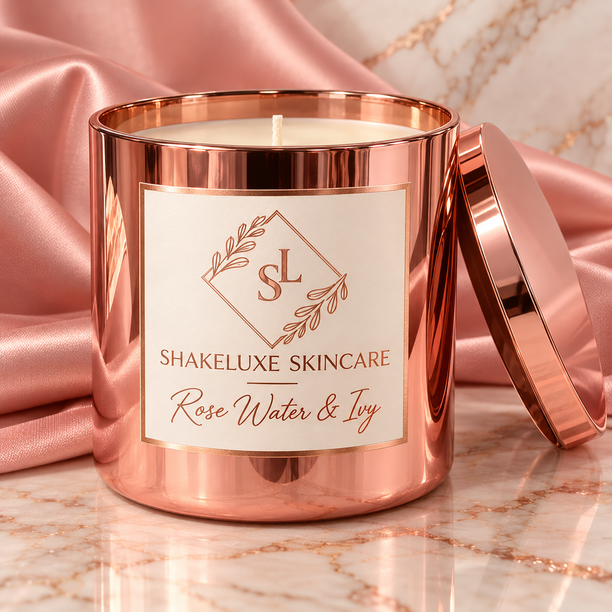 Rose Water & Ivy — rose gold candle presentation