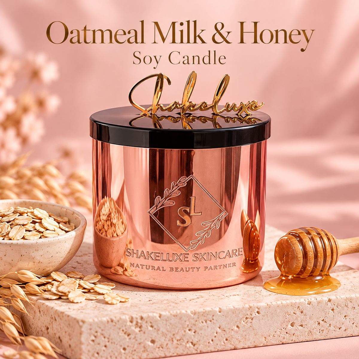 ShakeLuxe Oatmeal Milk & Honey Soy Candle — rose-gold vessel