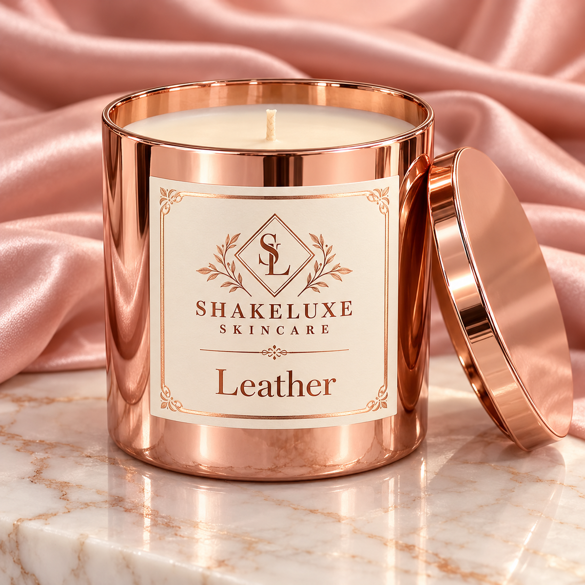 Leather — rose gold candle presentation