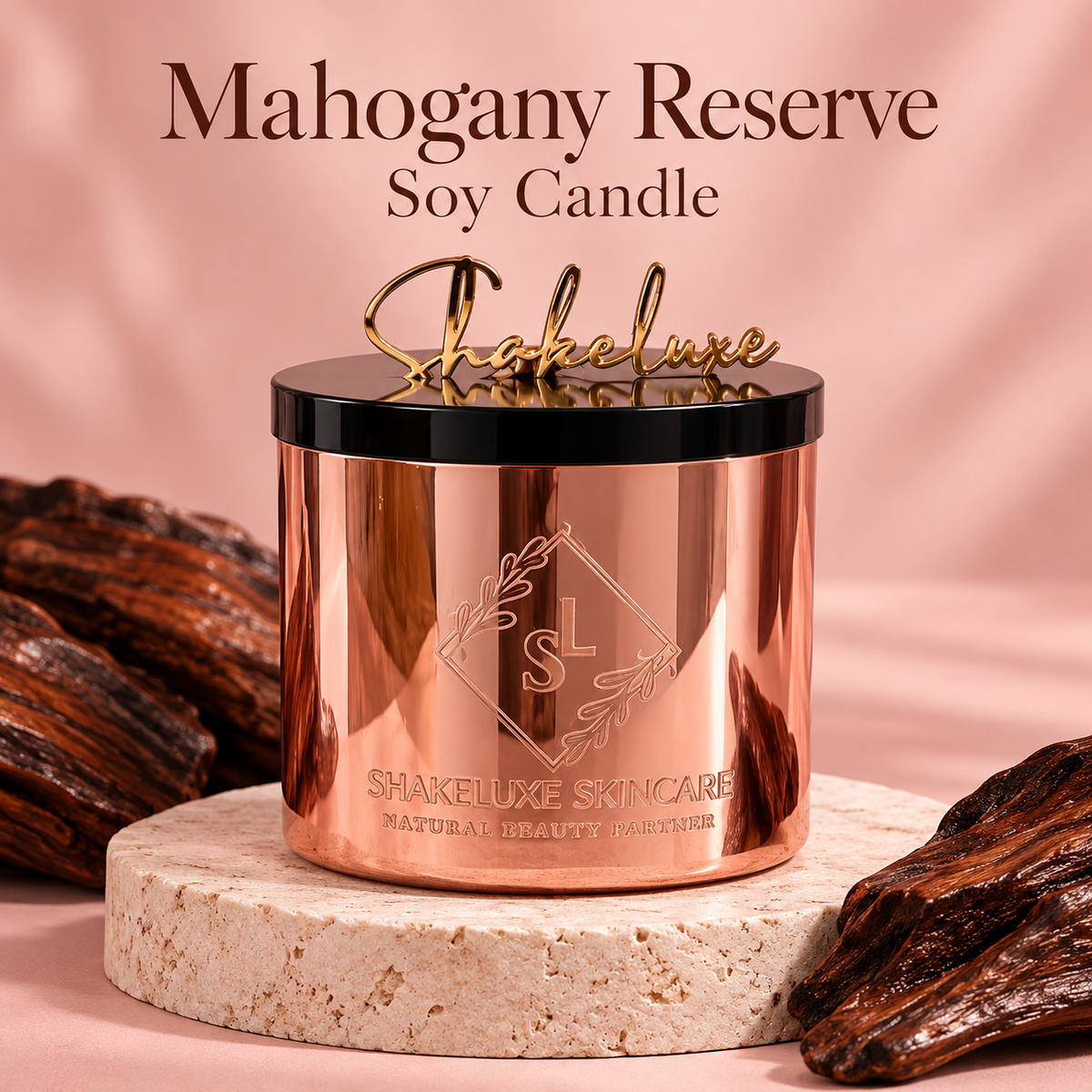 ShakeLuxe Mahogany Reserve Soy Candle — rose-gold vessel