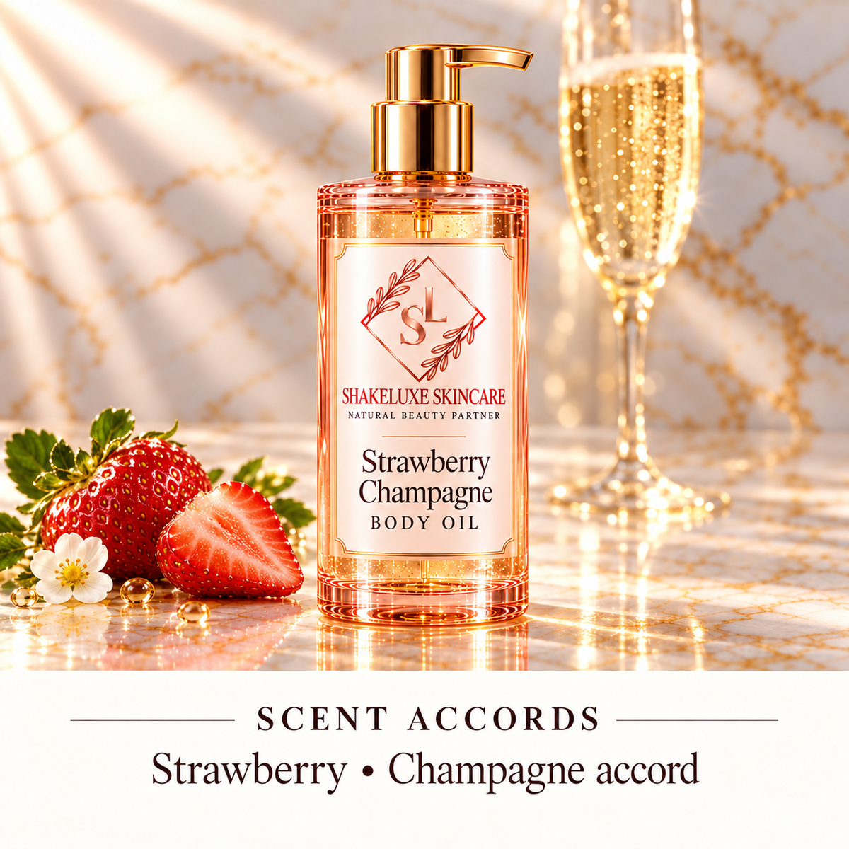 ShakeLuxe Strawberry Champagne Body oil — Strawberry • Champagne accord — detail view