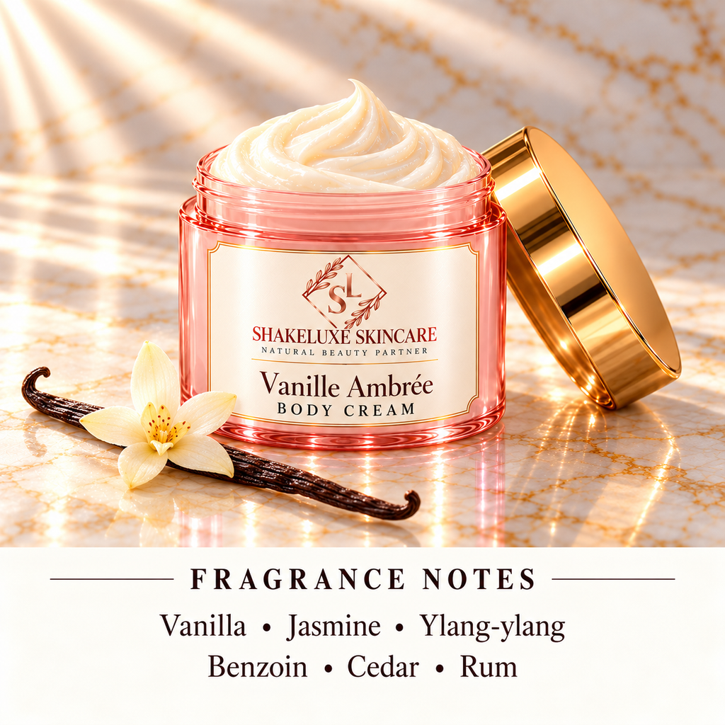 ShakeLuxe Vanille Ambrée body cream, pink and gold packaging; Vanilla • Jasmine • Ylang-ylang; Benzoin • Cedar • Rum