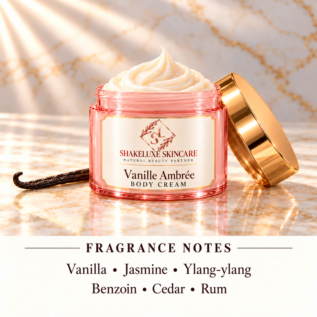 ShakeLuxe Vanille Ambrée body cream, pink and gold packaging; Vanilla • Jasmine • Ylang-ylang; Benzoin • Cedar • Rum