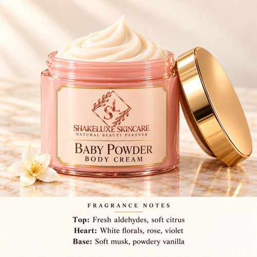 ShakeLuxe baby powder body cream with SL logo and fragrance notes: fresh aldehydes, soft citrus, white florals, rose, violet, soft musk and powdery vanilla.