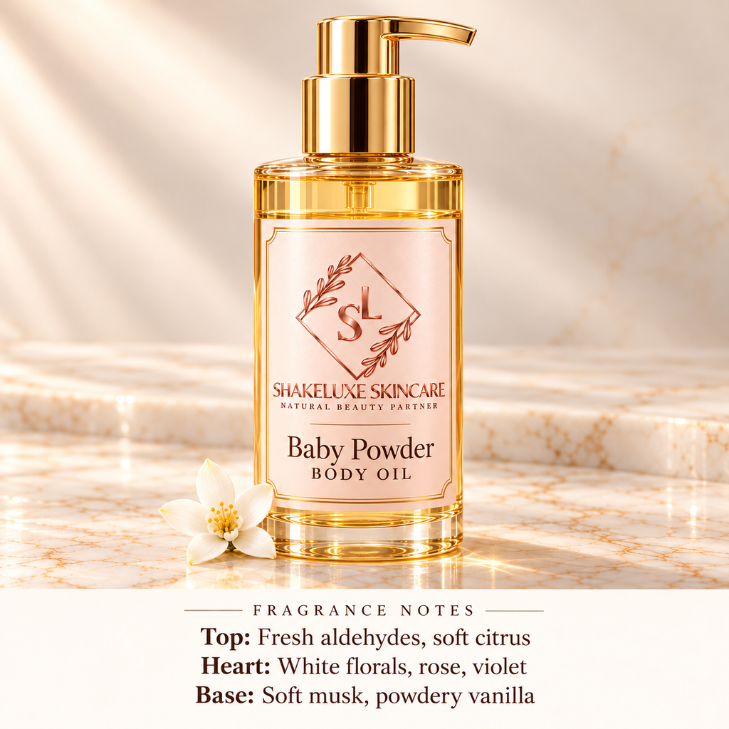 ShakeLuxe baby powder body oil with SL logo and fragrance notes: fresh aldehydes, soft citrus, white florals, rose, violet, soft musk and powdery vanilla.