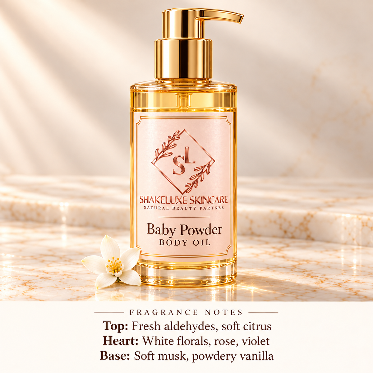 ShakeLuxe baby powder body oil with SL logo and fragrance notes: fresh aldehydes, soft citrus, white florals, rose, violet, soft musk and powdery vanilla.