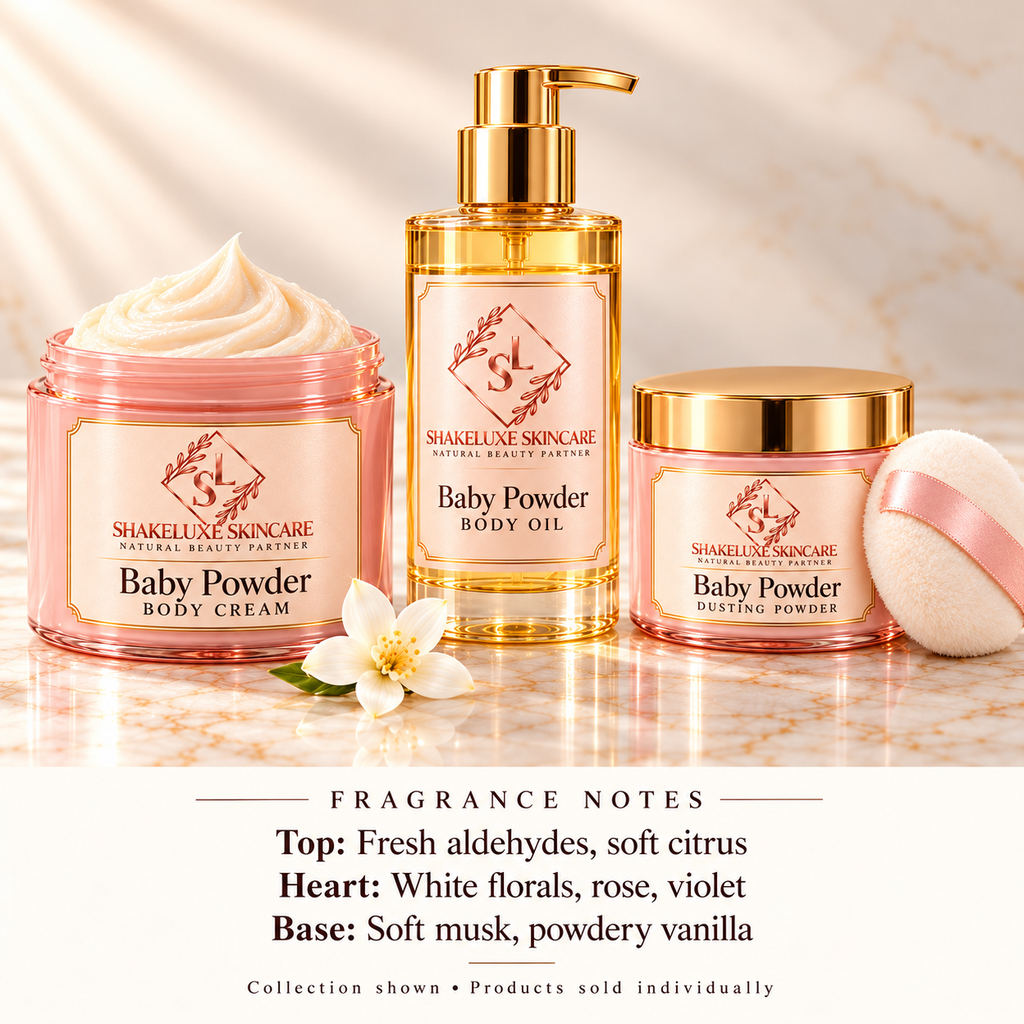 ShakeLuxe Baby Powder cream, body oil and dusting powder collection with fragrance notes. Products sold individually.