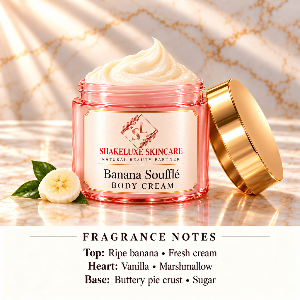 Banana Soufflé body-cream product image with ShakeLuxe SL branding and fragrance notes