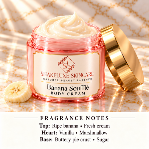 Banana Soufflé detail product image with ShakeLuxe SL branding and fragrance notes