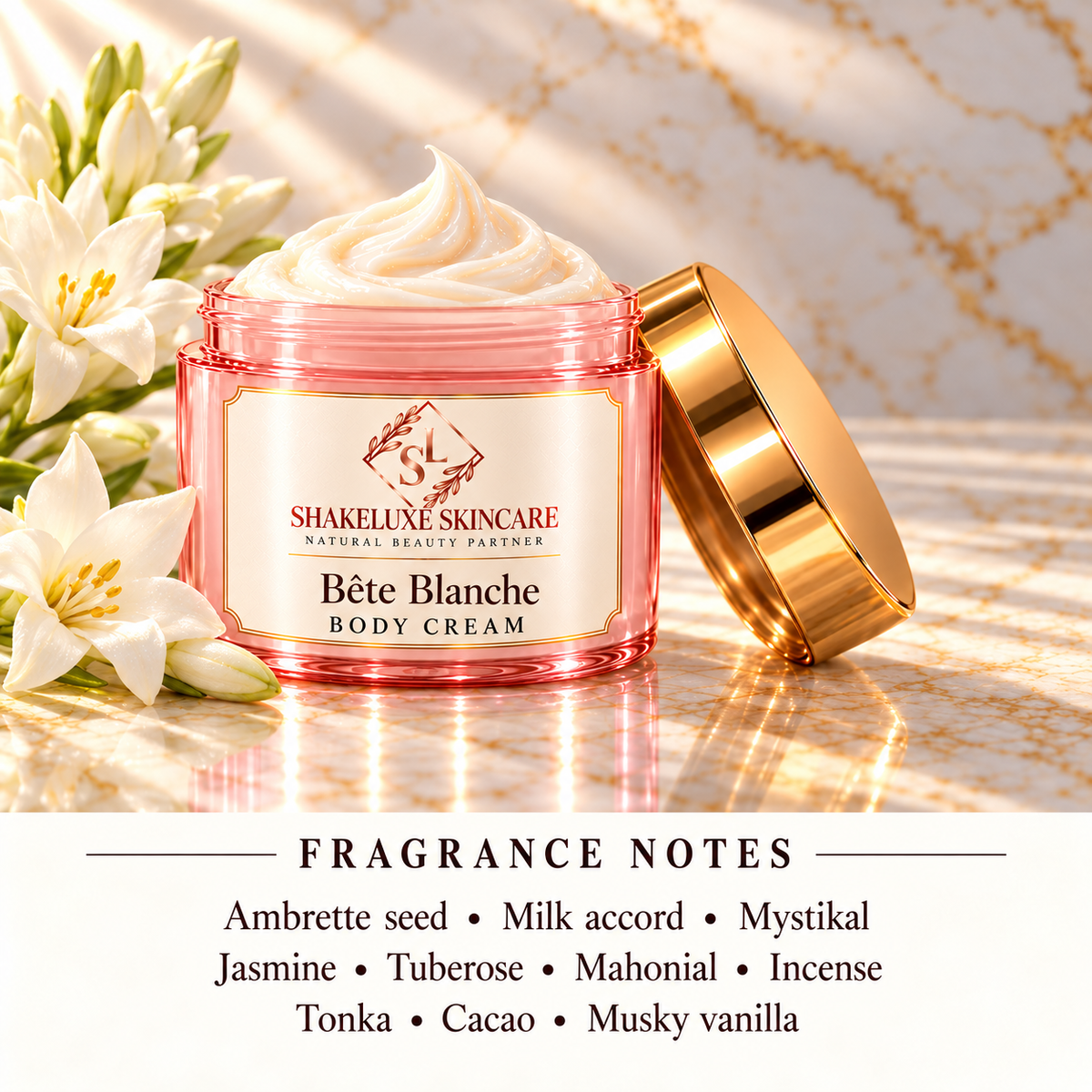 ShakeLuxe BETE BLANCHE BODY CREAM pink and gold packaging with fragrance notes: Ambrette seed, milk accord, Mystikal, jasmine, tuberose, Mahonial, incense, tonka, cacao, musky vanilla