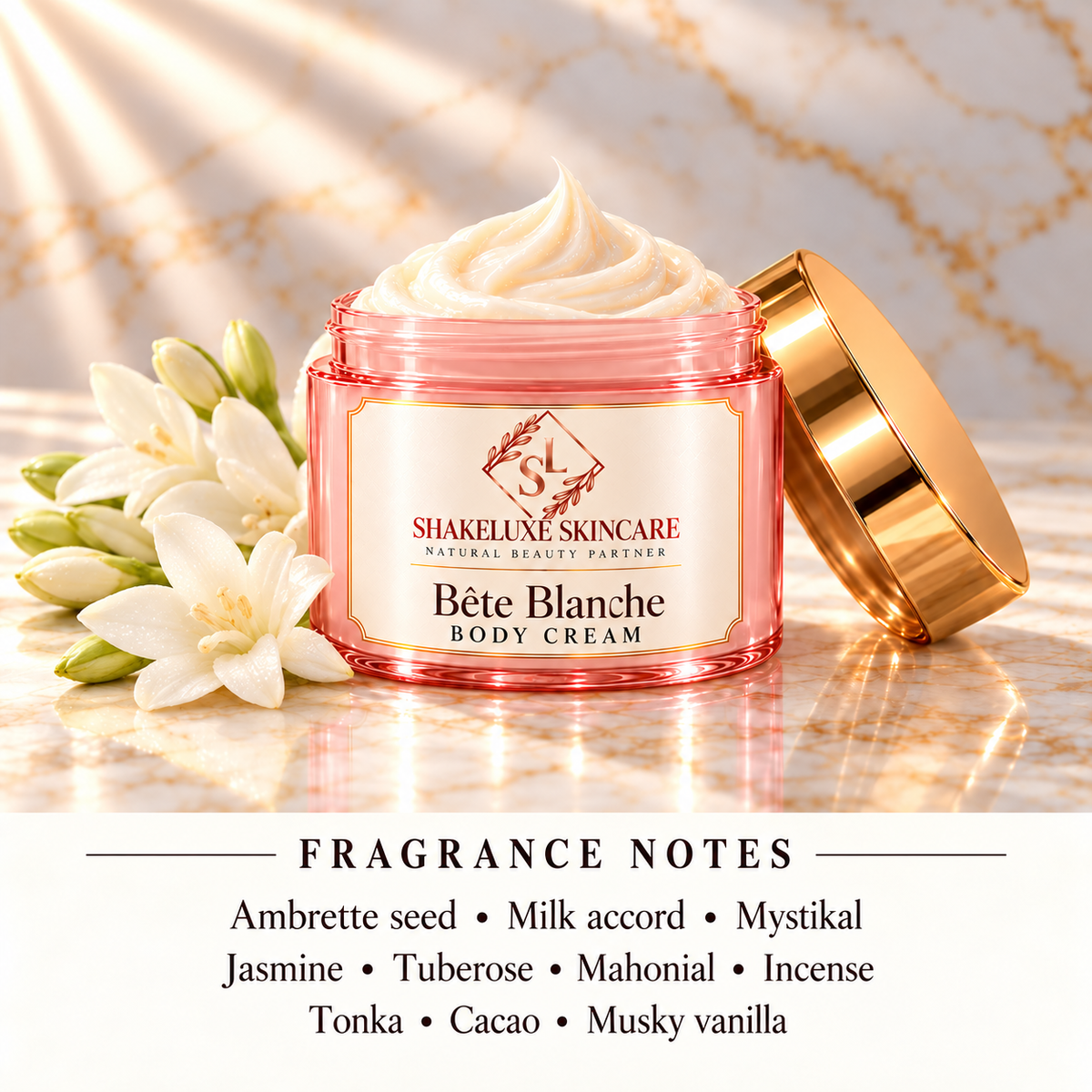 ShakeLuxe BETE BLANCHE BODY CREAM pink and gold packaging with fragrance notes: Ambrette seed, milk accord, Mystikal, jasmine, tuberose, Mahonial, incense, tonka, cacao, musky vanilla