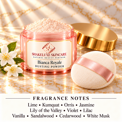 ShakeLuxe Bianca Royale Dusting Powder; Lime • Kumquat • Orris • Jasmine • Lily of the Valley • Violet • Lilac • Vanilla • Sandalwood • Cedarwood • White Musk