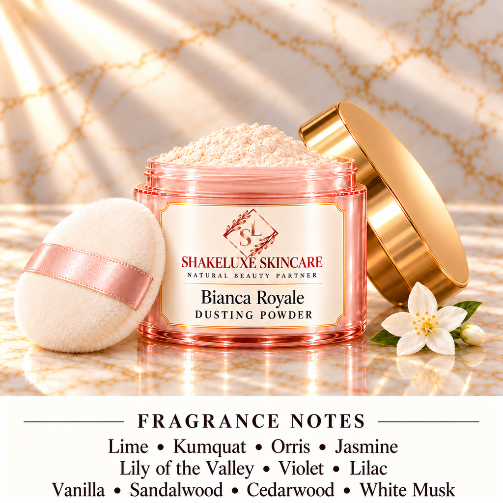 ShakeLuxe Bianca Royale Dusting Powder; Lime • Kumquat • Orris • Jasmine • Lily of the Valley • Violet • Lilac • Vanilla • Sandalwood • Cedarwood • White Musk