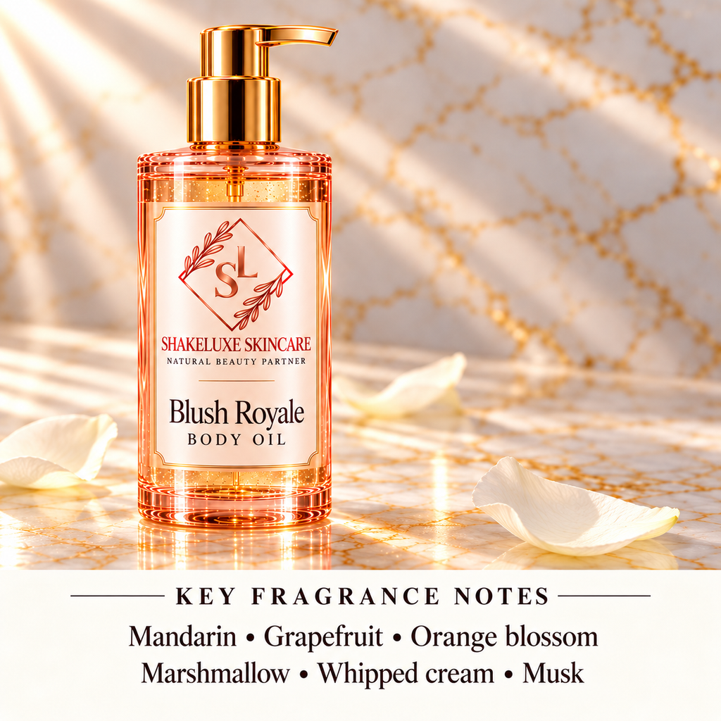 ShakeLuxe Blush Royale Body Oil with key fragrance notes: Mandarin • Grapefruit • Orange blossom; Marshmallow • Whipped cream • Musk