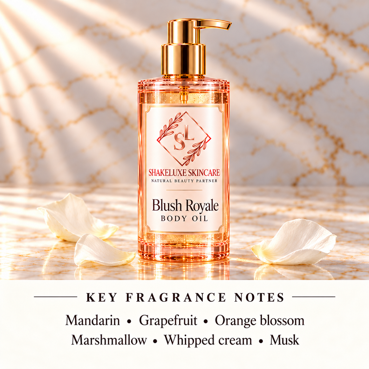 ShakeLuxe Blush Royale Body Oil with key fragrance notes: Mandarin • Grapefruit • Orange blossom; Marshmallow • Whipped cream • Musk