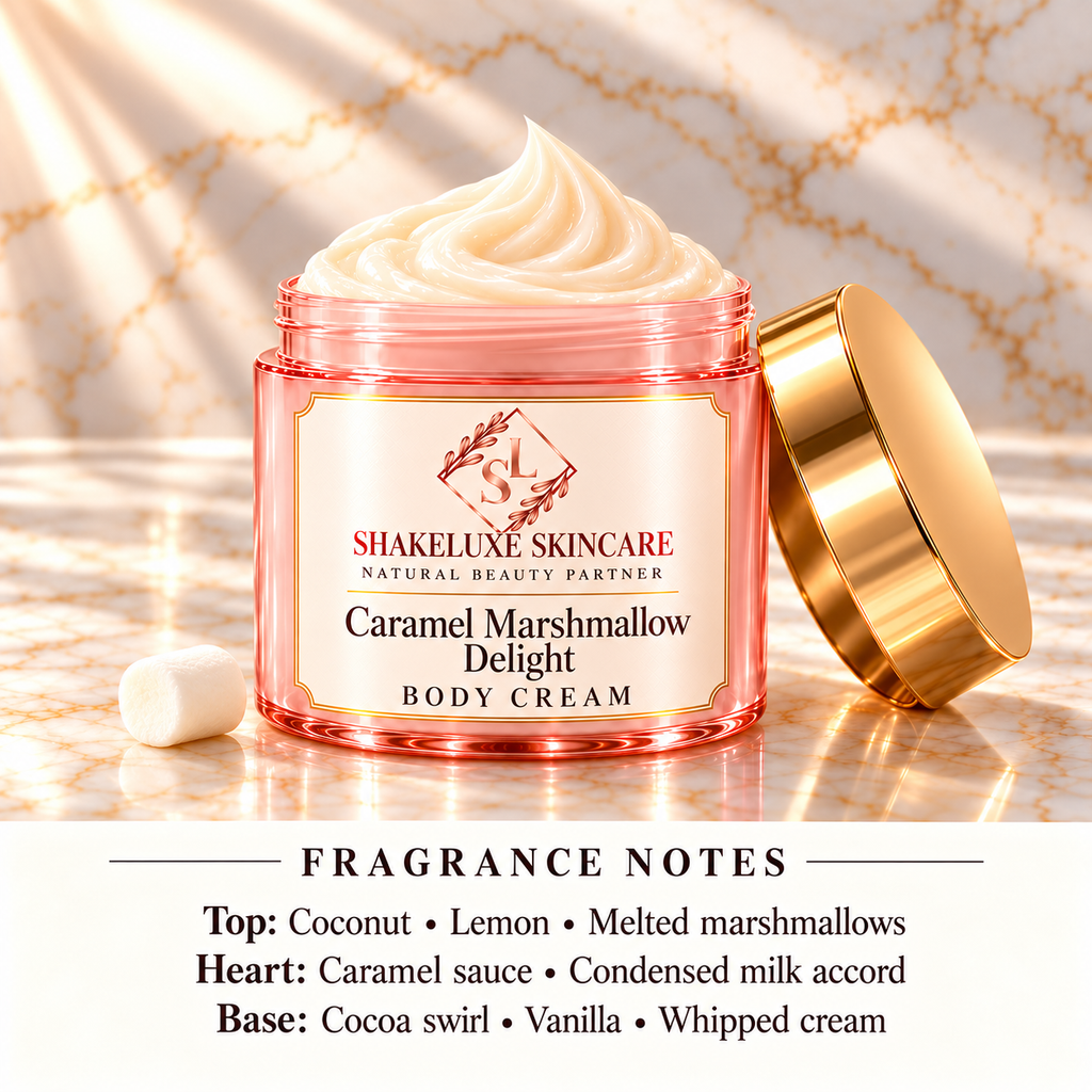 Caramel Marshmallow Delight body cream main product image with ShakeLuxe SL branding and fragrance notes