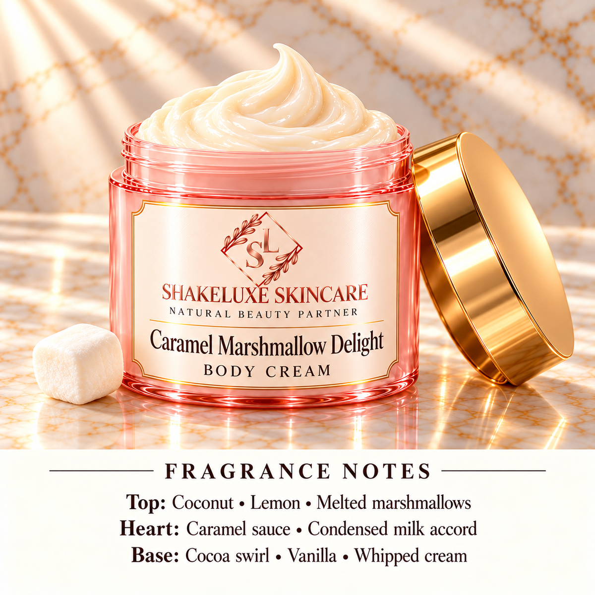Caramel Marshmallow Delight body cream close-up with ShakeLuxe SL branding and fragrance notes