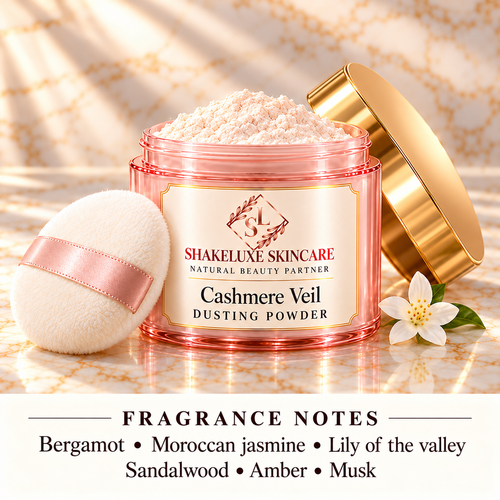 ShakeLuxe Cashmere Veil Dusting Powder close-up with SL branding and Cashmere Mist fragrance notes
