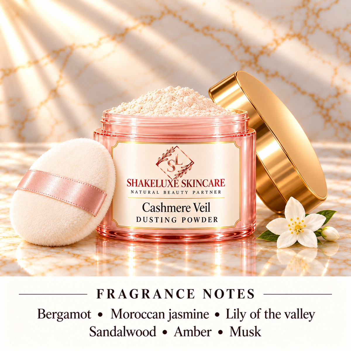 ShakeLuxe Cashmere Veil Dusting Powder with SL branding and bergamot, Moroccan jasmine, lily of the valley, sandalwood, amber and musk fragrance notes