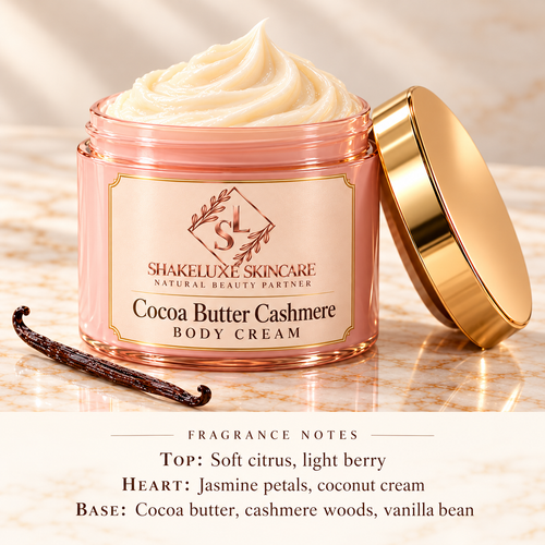ShakeLuxe Cocoa Butter Cashmere Body Cream with SL logo and fragrance notes: soft citrus, light berry, jasmine petals, coconut cream, cocoa butter, cashmere woods and vanilla bean.