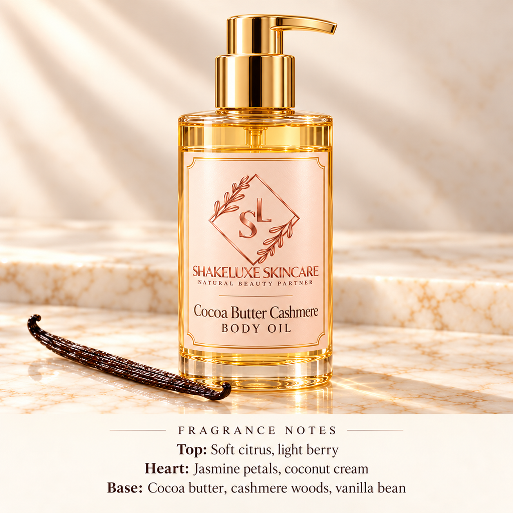 ShakeLuxe Cocoa Butter Cashmere Body Oil with SL logo and fragrance notes: soft citrus, light berry, jasmine petals, coconut cream, cocoa butter, cashmere woods and vanilla bean.