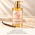ShakeLuxe Cocoa Butter Cashmere Body Oil with SL logo and fragrance notes: soft citrus, light berry, jasmine petals, coconut cream, cocoa butter, cashmere woods and vanilla bean.