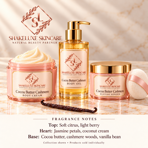 ShakeLuxe Cocoa Butter Cashmere cream, body oil and dusting powder collection with fragrance notes. Products sold individually.