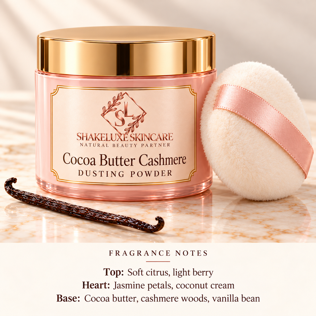 ShakeLuxe Cocoa Butter Cashmere Dusting Powder with SL logo and fragrance notes: soft citrus, light berry, jasmine petals, coconut cream, cocoa butter, cashmere woods and vanilla bean.