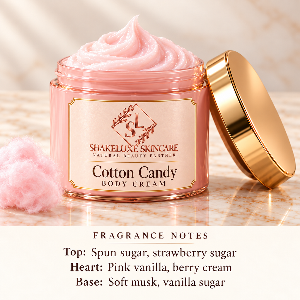ShakeLuxe Cotton Candy Body Cream with SL logo and fragrance notes: spun sugar, strawberry sugar, pink vanilla, berry cream, soft musk and vanilla sugar.