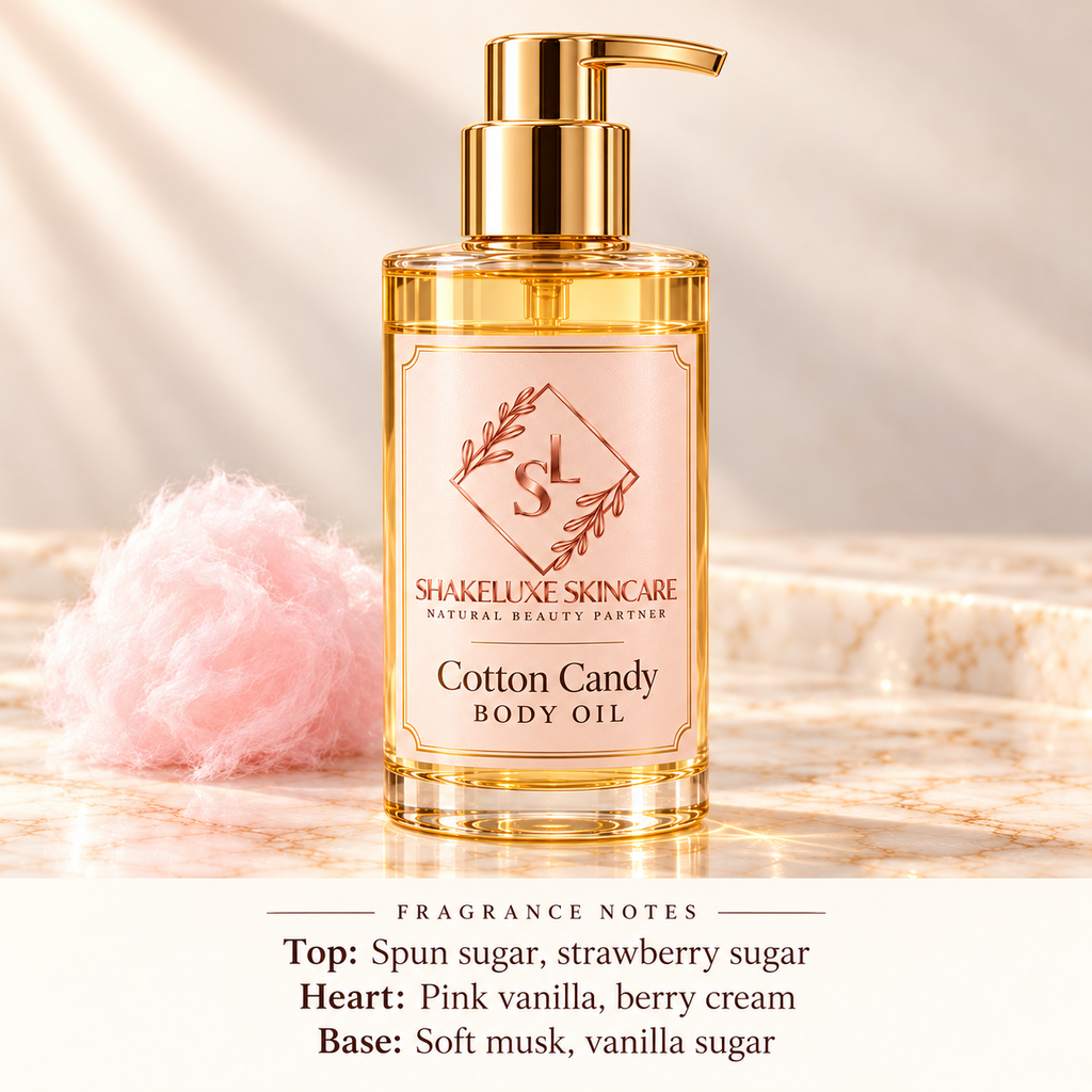 ShakeLuxe Cotton Candy Body Oil with SL logo and fragrance notes: spun sugar, strawberry sugar, pink vanilla, berry cream, soft musk and vanilla sugar.
