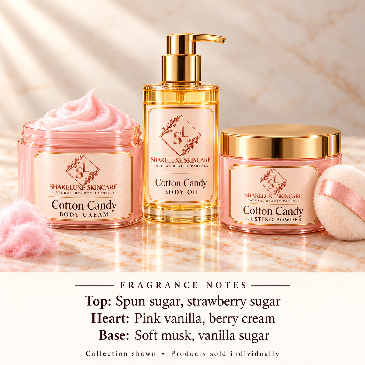 ShakeLuxe Cotton Candy cream, body oil and dusting powder collection with fragrance notes. Products sold individually.