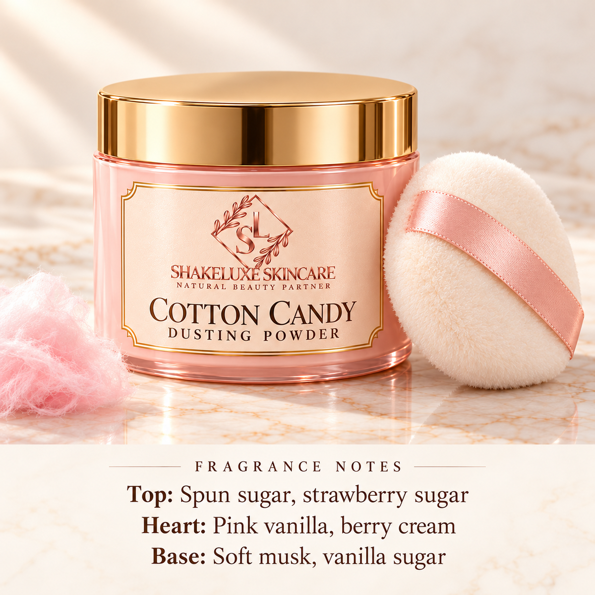 ShakeLuxe Cotton Candy Dusting Powder with SL logo and fragrance notes: spun sugar, strawberry sugar, pink vanilla, berry cream, soft musk and vanilla sugar.