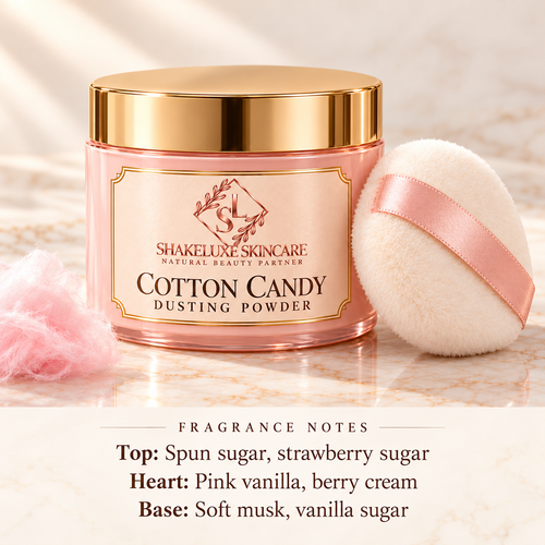 ShakeLuxe Cotton Candy Dusting Powder with SL logo and fragrance notes: spun sugar, strawberry sugar, pink vanilla, berry cream, soft musk and vanilla sugar.