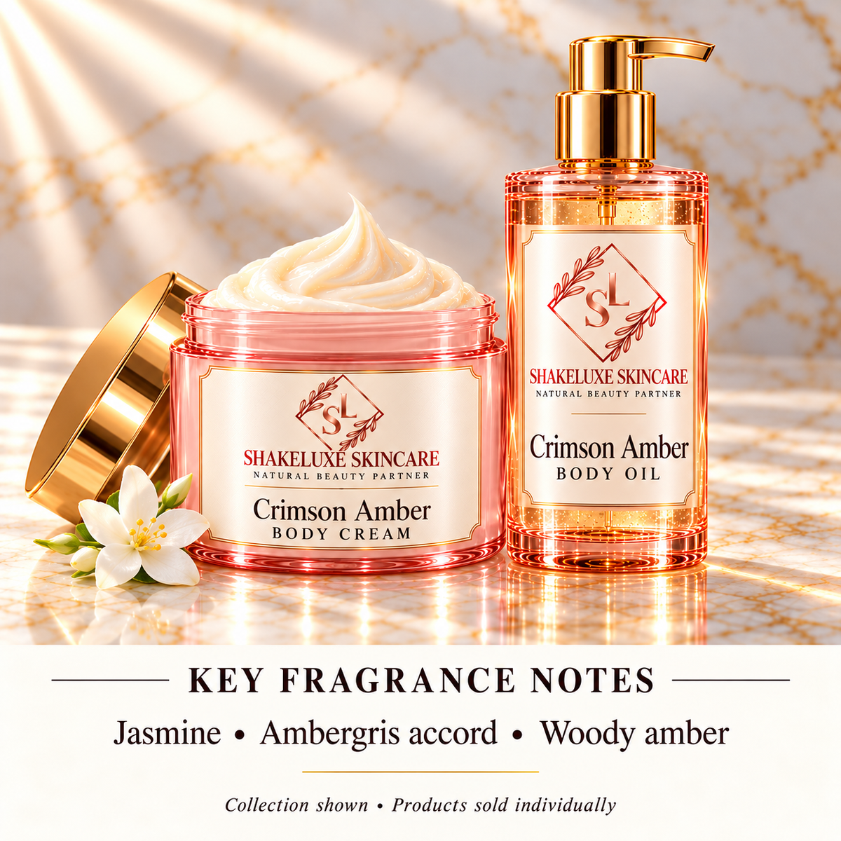 ShakeLuxe Crimson Amber collection — Jasmine • Ambergris accord • Woody amber