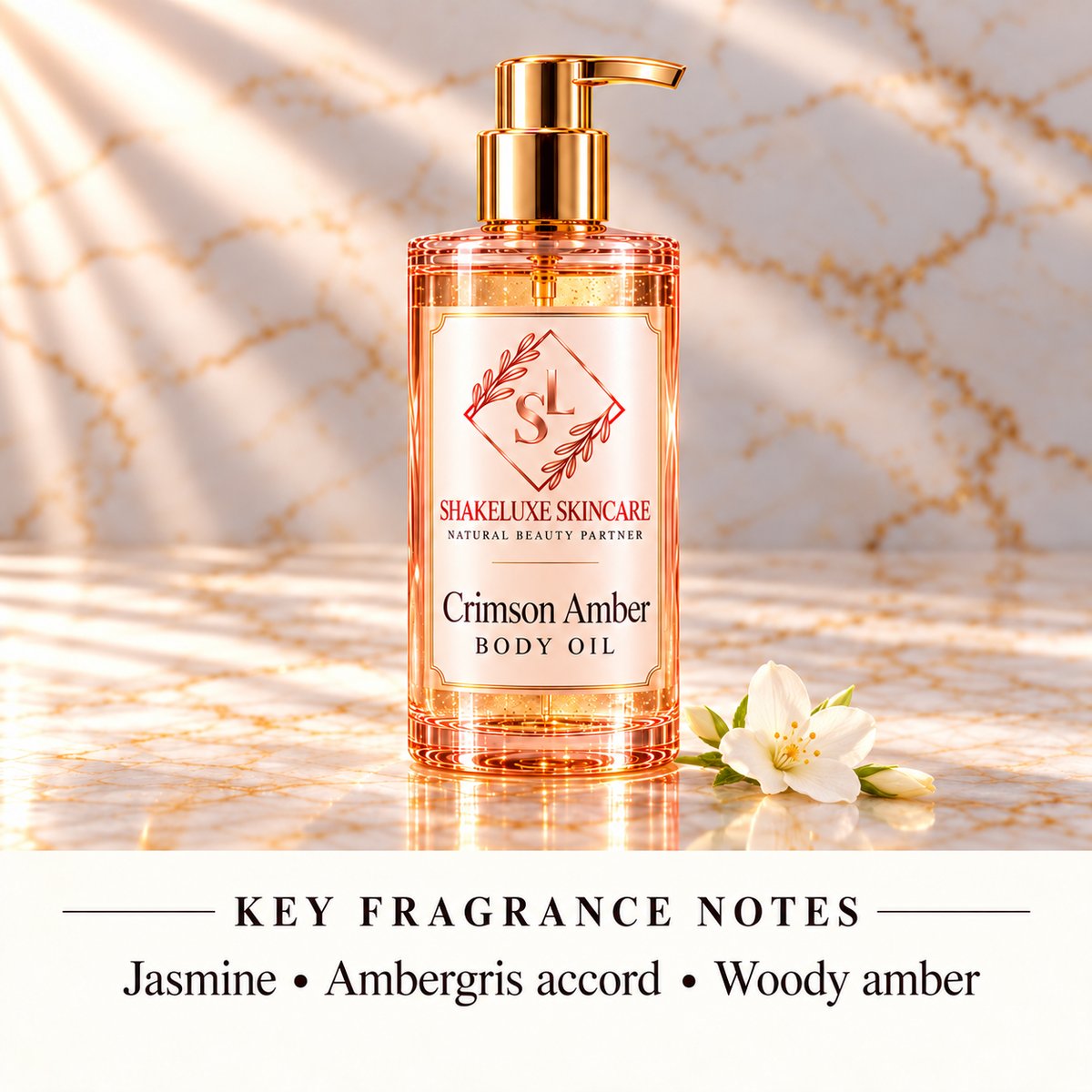 ShakeLuxe Crimson Amber oil — Jasmine • Ambergris accord • Woody amber
