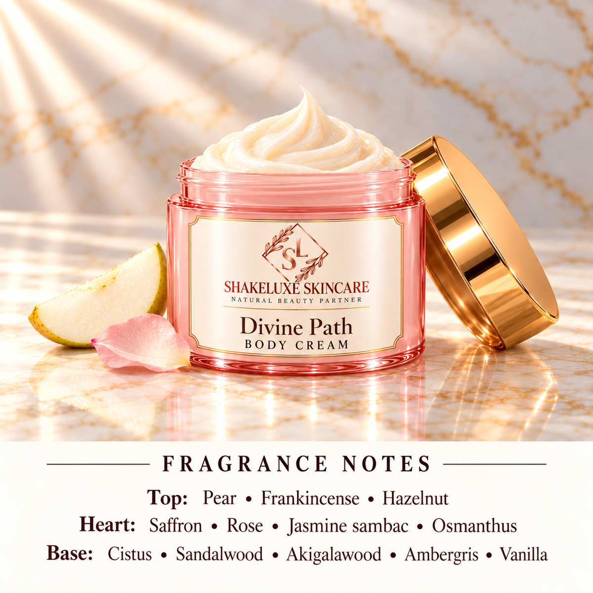 ShakeLuxe Divine Path Body Cream with SL branding and full pear, hazelnut, frankincense, floral, warm woods and vanilla fragrance notes