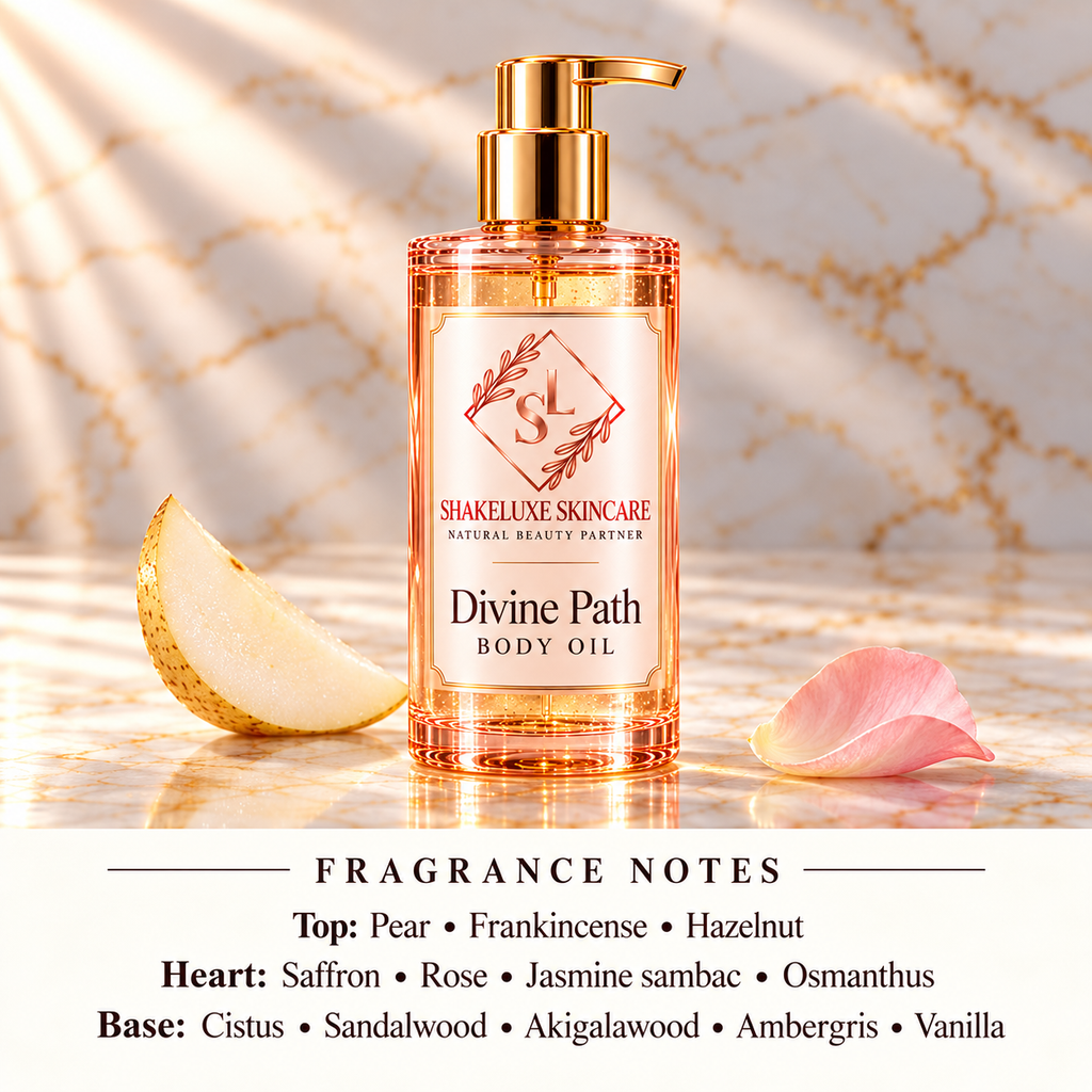 ShakeLuxe Divine Path Body Oil with SL branding and full pear, hazelnut, frankincense, floral, warm woods and vanilla fragrance notes