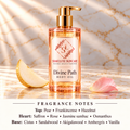 ShakeLuxe Divine Path Body Oil with SL branding and full pear, hazelnut, frankincense, floral, warm woods and vanilla fragrance notes