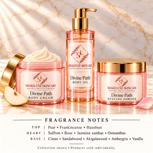 ShakeLuxe Divine Path cream, oil and dusting powder with SL branding and full fragrance notes; products sold individually