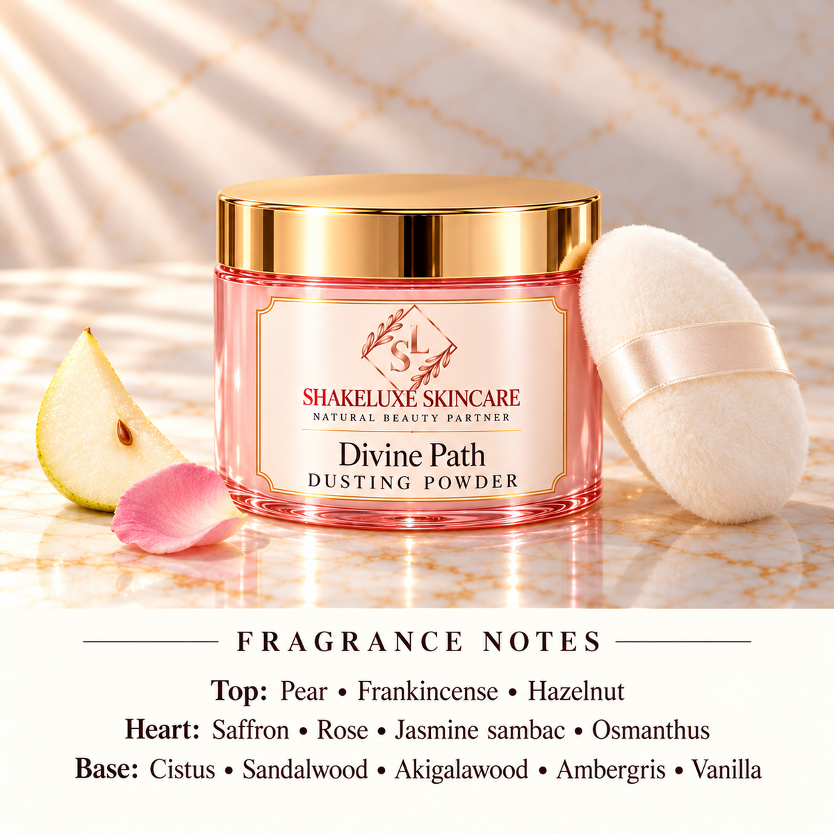 ShakeLuxe Divine Path Dusting Powder with SL branding and full pear, hazelnut, frankincense, floral, warm woods and vanilla fragrance notes
