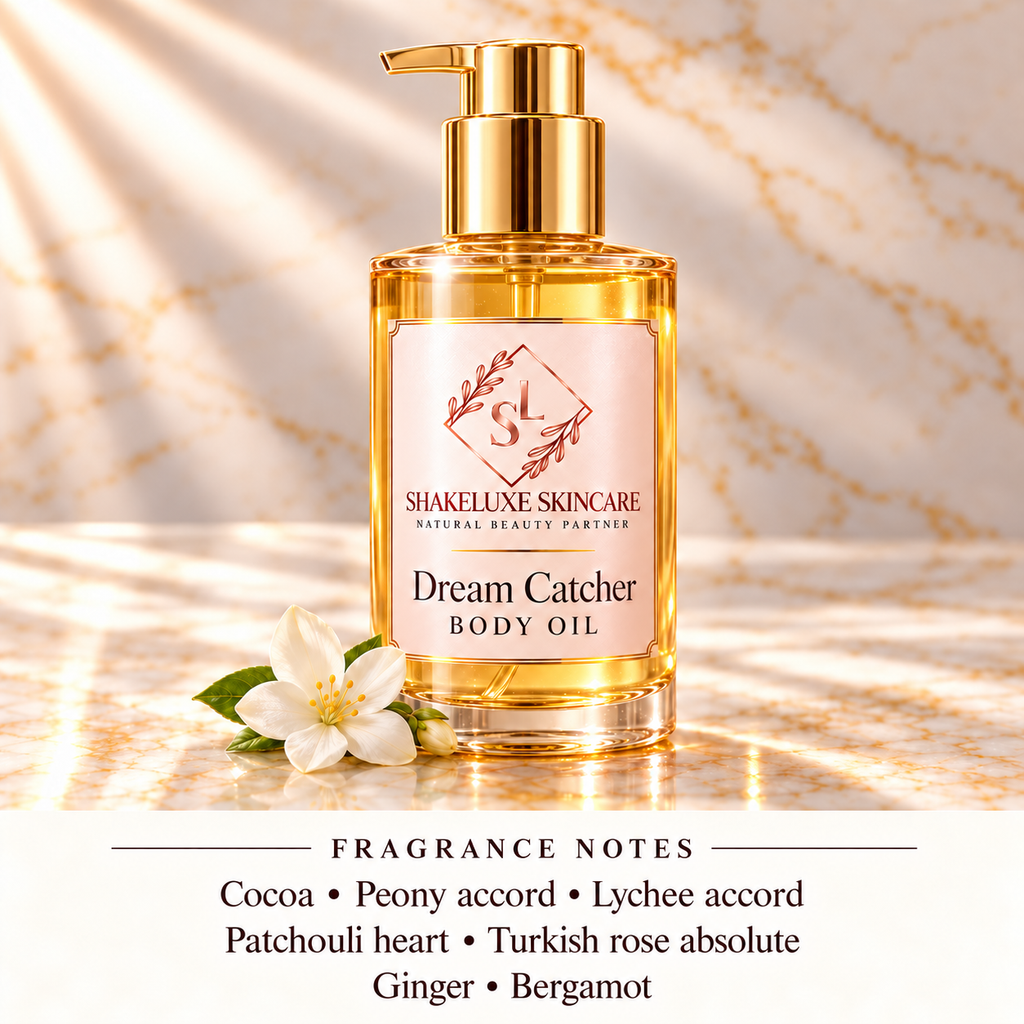 ShakeLuxe Dream Catcher with SL branding; cocoa, peony, lychee, patchouli, Turkish rose, ginger and bergamot fragrance notes
