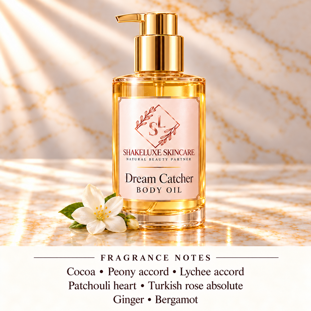 ShakeLuxe Dream Catcher with SL branding; cocoa, peony, lychee, patchouli, Turkish rose, ginger and bergamot fragrance notes